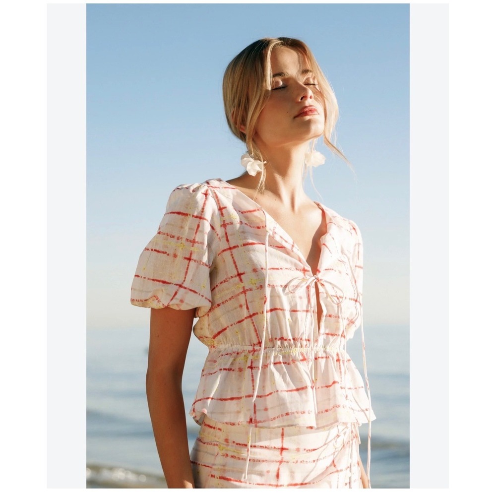 Petal & Pup Pippi Top Watercolor Plaid Puff Sleeve M Cottagecore Boho Coquette